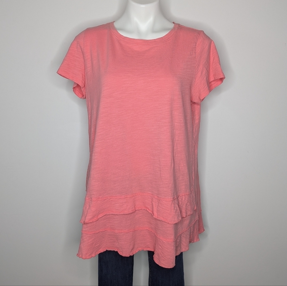 Soft Surroundings Pink Layered Hem Short Sleeve Sheer Cotton T-shirt M
